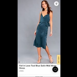 J.O.A. Fall in Love Teal Blue Satin Midi Wrap Dress